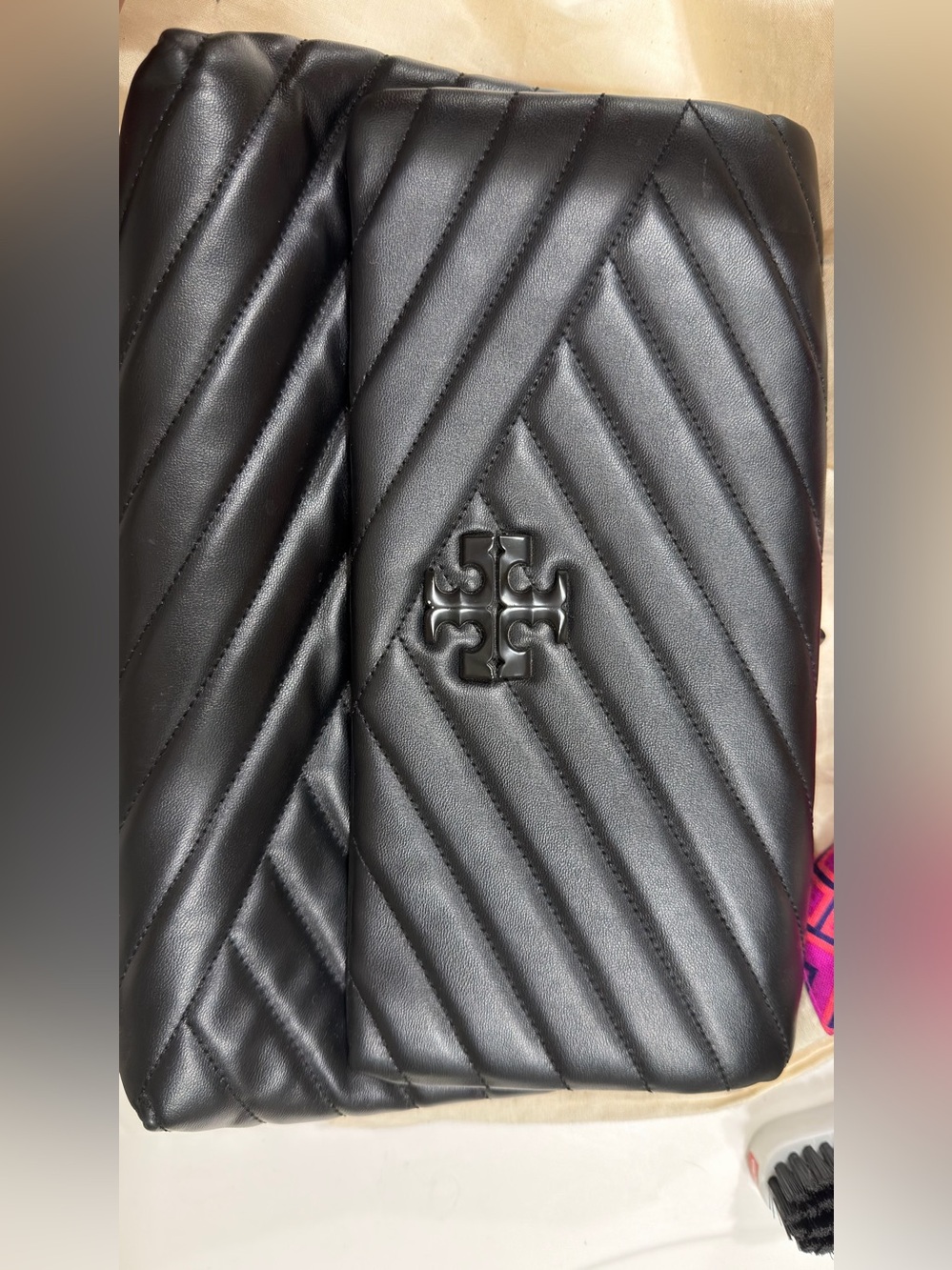 Tory Burch Black Quilted Chevron Leather Shoulder Bag with Logo